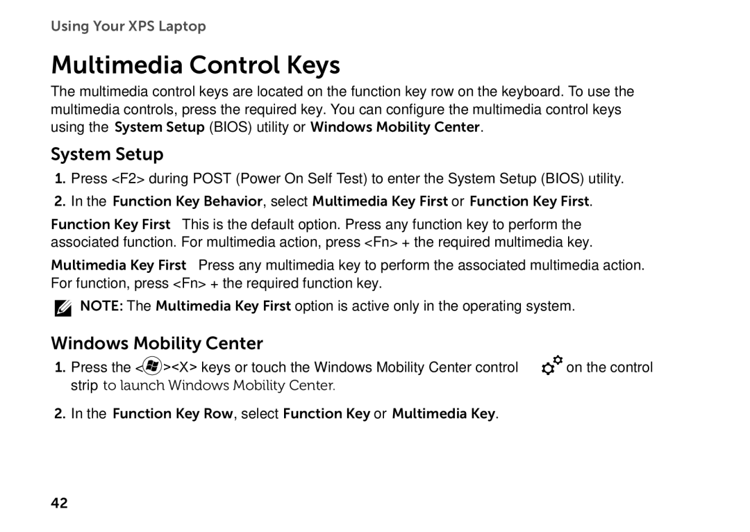 Dell P09E setup guide Multimedia Control Keys, System Setup, Windows Mobility Center 