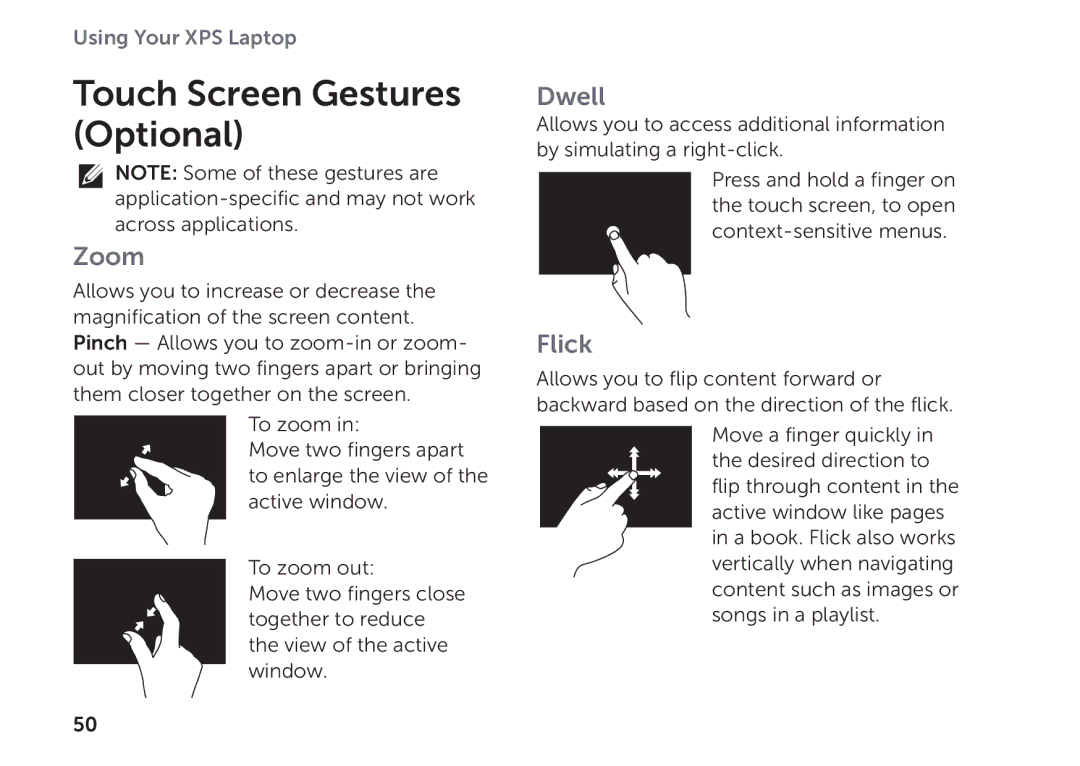 Dell P09E setup guide Touch Screen Gestures Optional, Zoom 