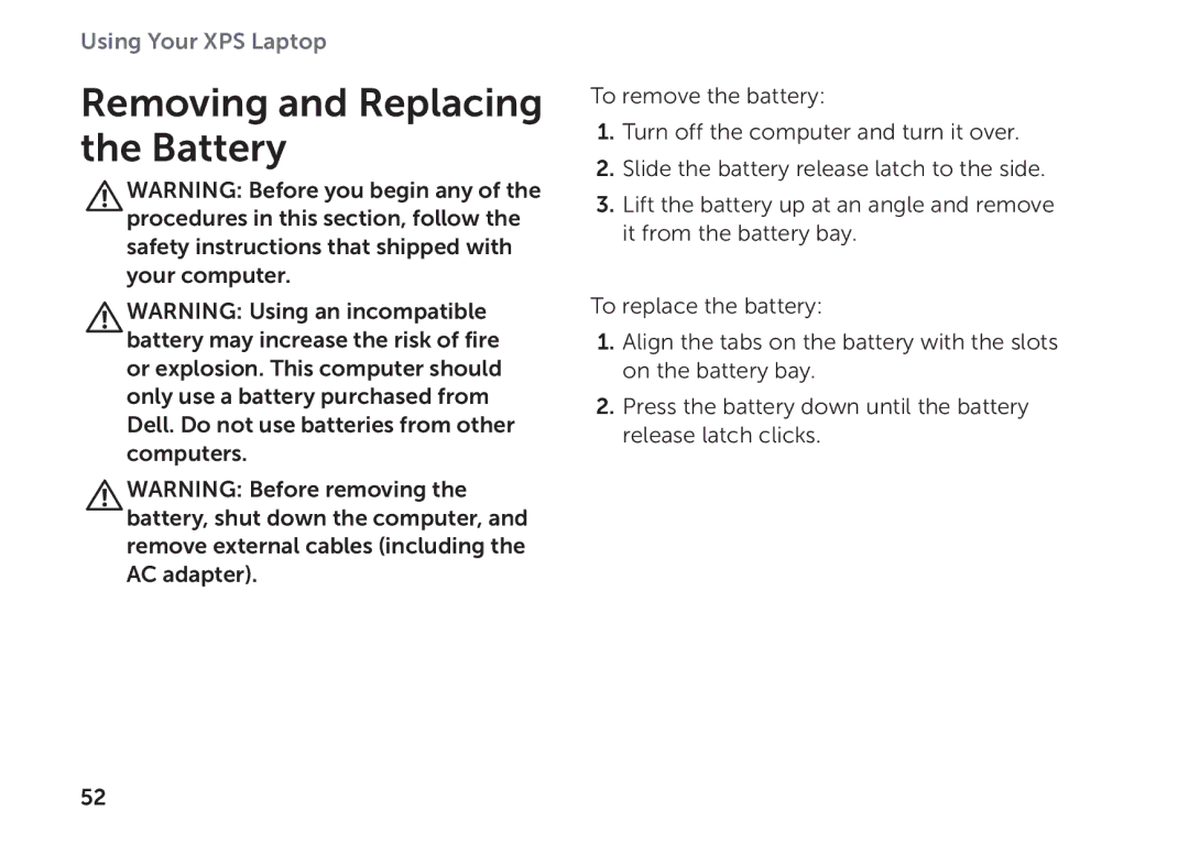 Dell P09E setup guide Removing and Replacing the Battery 