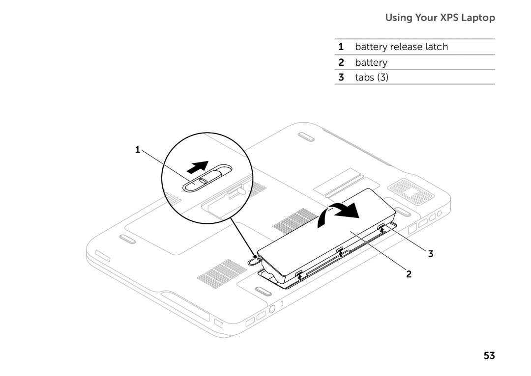 Dell P09E setup guide Battery release latch Tabs 