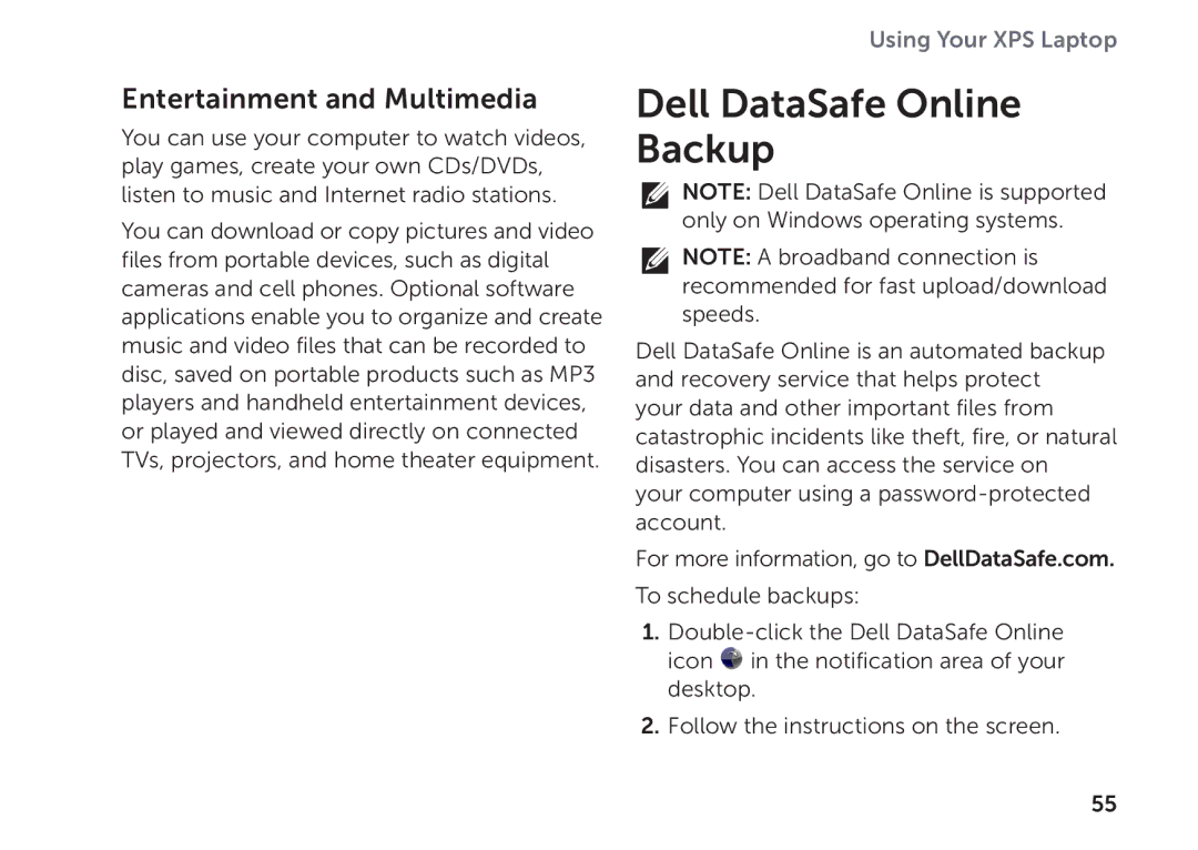 Dell P09E setup guide Dell DataSafe Online Backup, Entertainment and Multimedia 