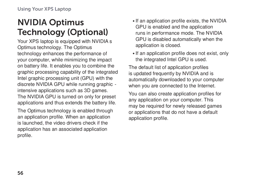 Dell P09E setup guide Nvidia Optimus Technology Optional 