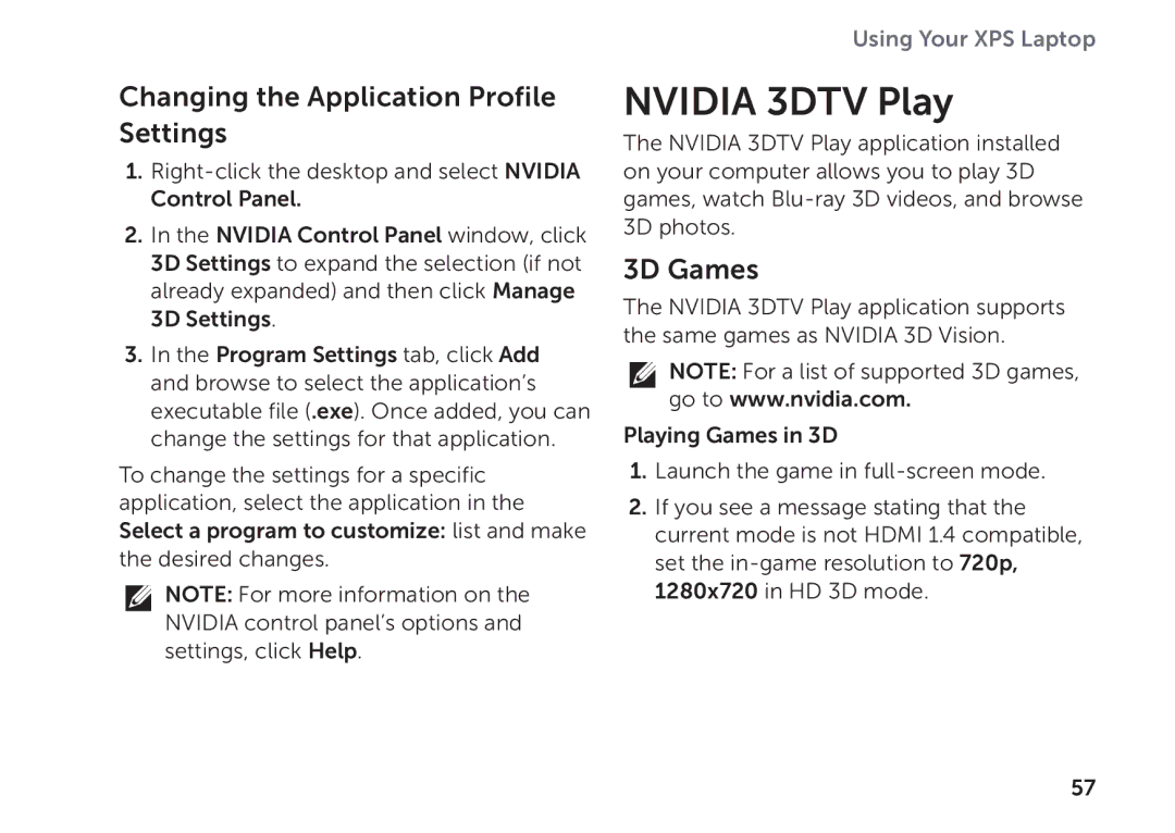 Dell P09E setup guide Nvidia 3DTV Play, Changing the Application Profile Settings, 3D Games 