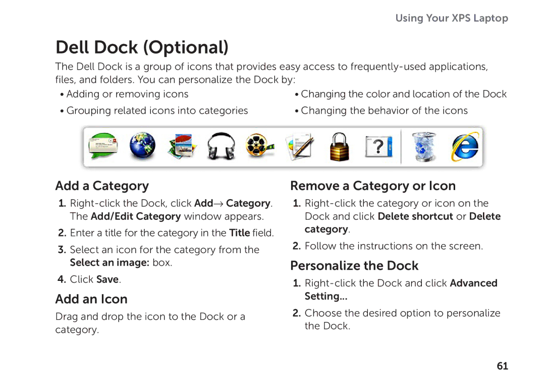 Dell P09E setup guide Dell Dock Optional, Add a Category, Add an Icon, Remove a Category or Icon, Personalize the Dock 