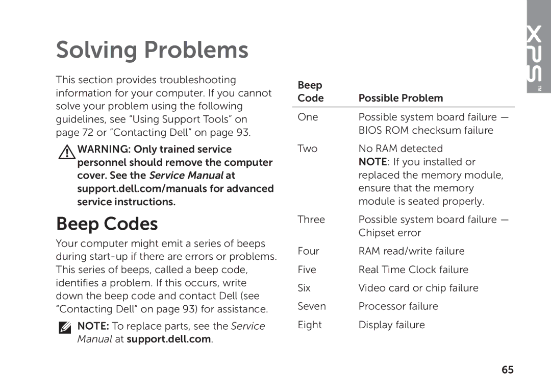 Dell P09E setup guide Solving Problems, Beep Codes 