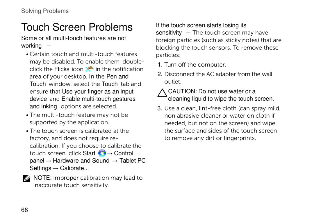 Dell P09E setup guide Touch Screen Problems 