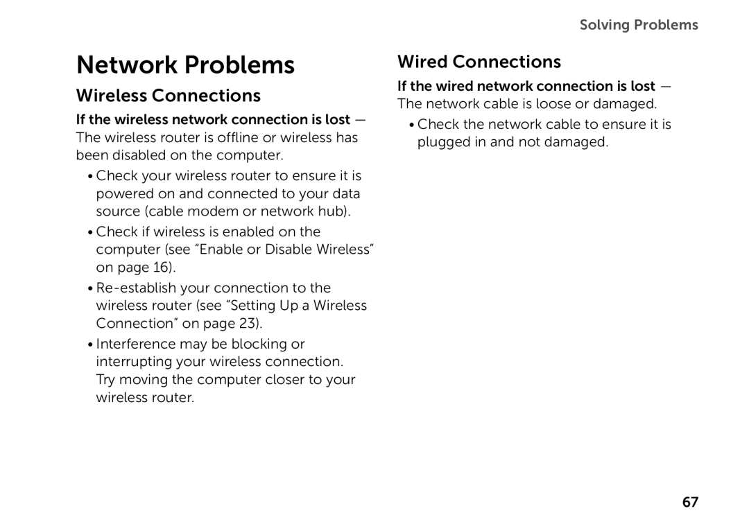 Dell P09E setup guide Network Problems, Wireless Connections, Wired Connections 