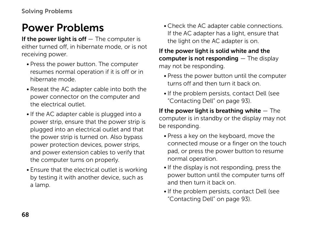 Dell P09E setup guide Power Problems 