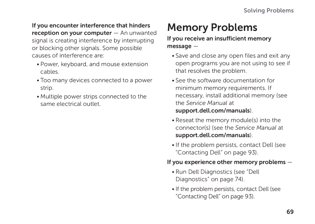 Dell P09E setup guide Memory Problems 