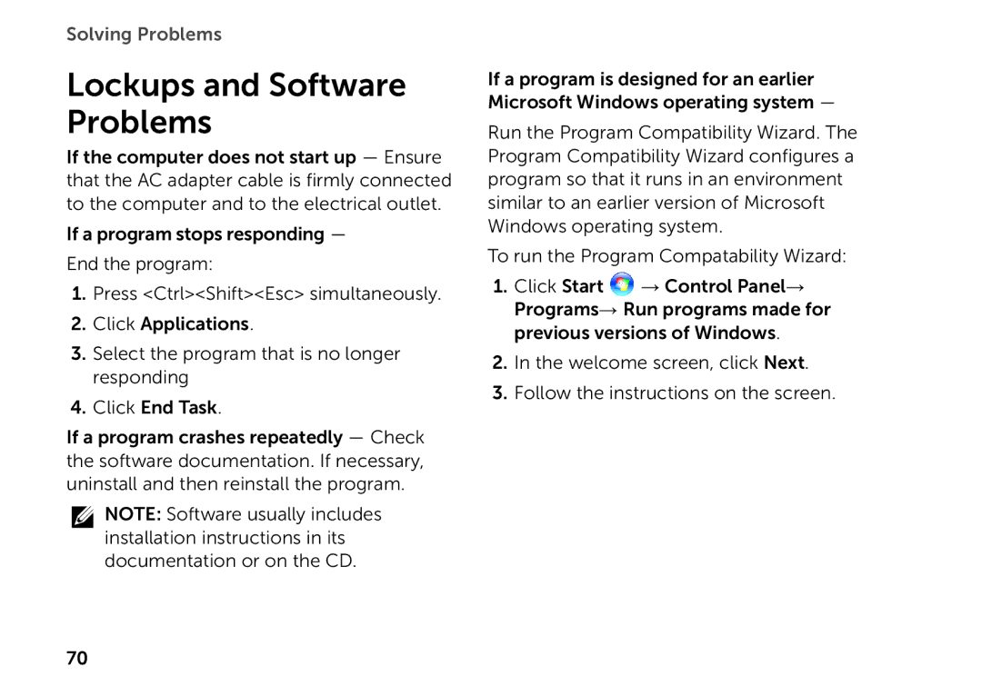 Dell P09E setup guide Lockups and Software Problems 