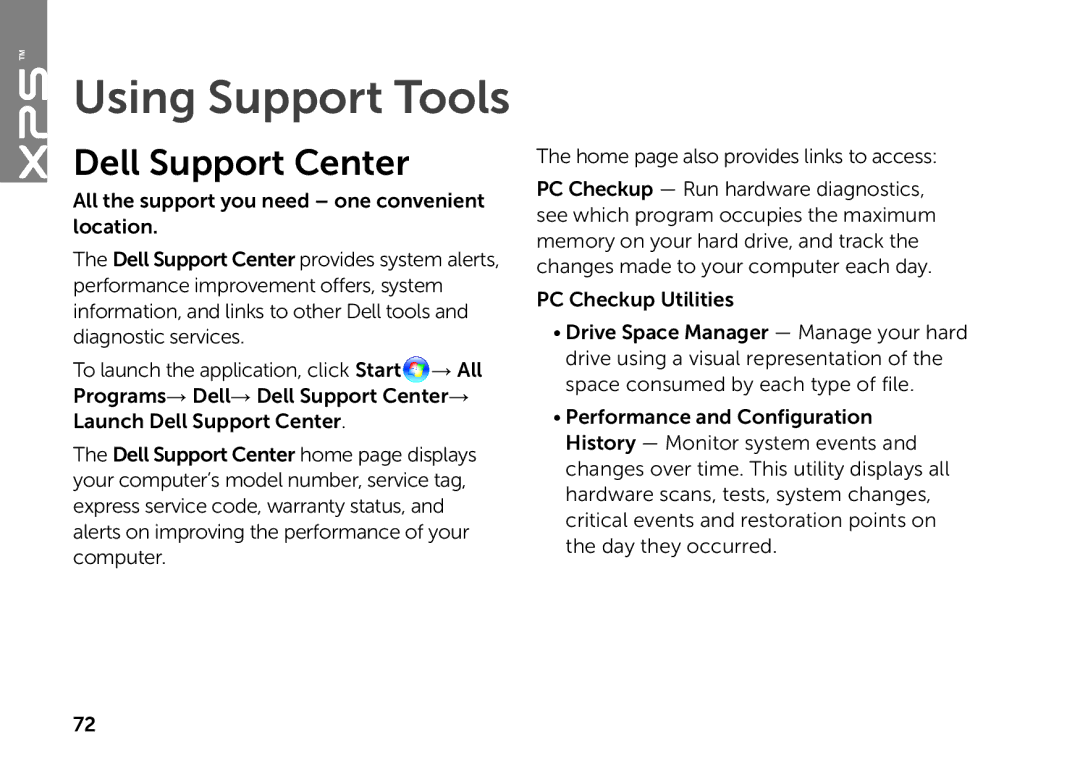 Dell P09E setup guide Using Support Tools, Dell Support Center 