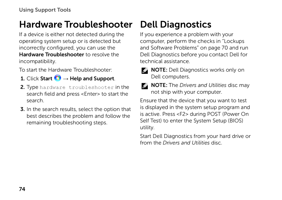 Dell P09E setup guide Hardware Troubleshooter, Dell Diagnostics 