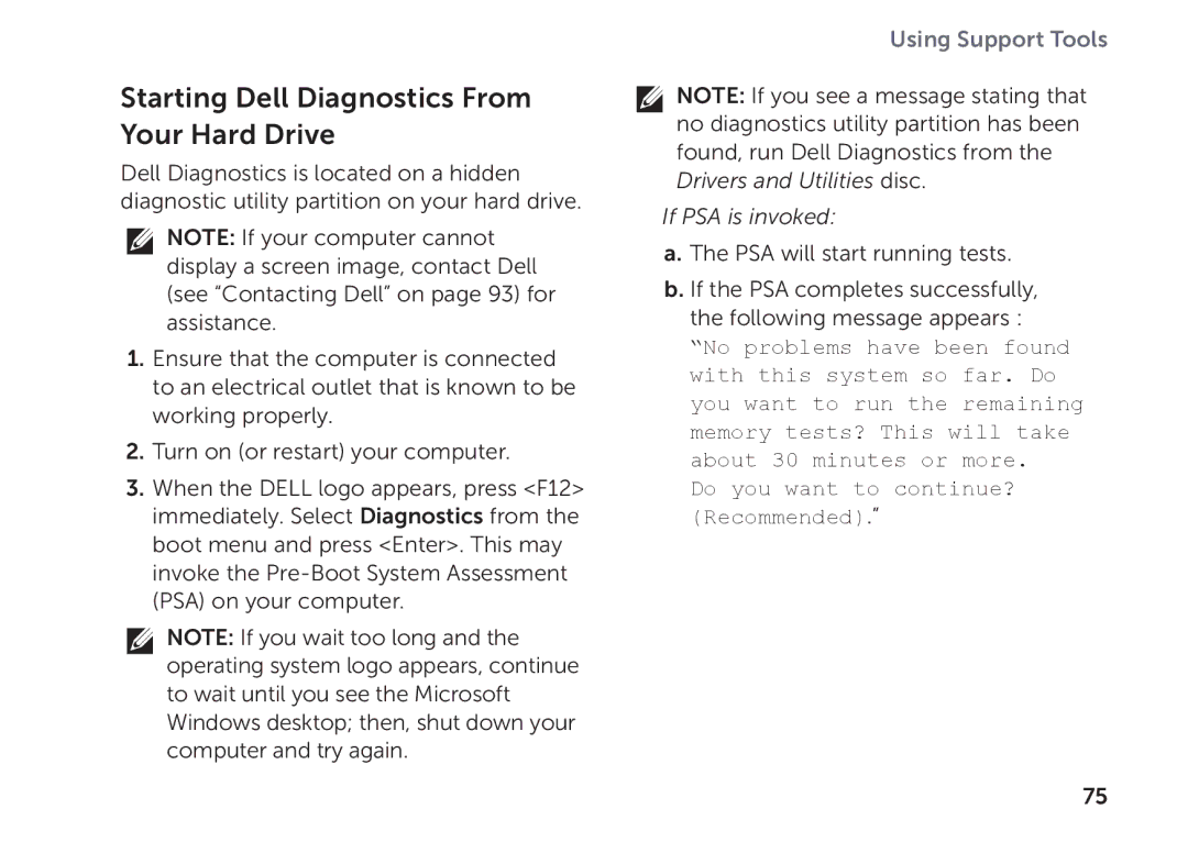 Dell P09E setup guide Starting Dell Diagnostics From Your Hard Drive, If PSA is invoked 