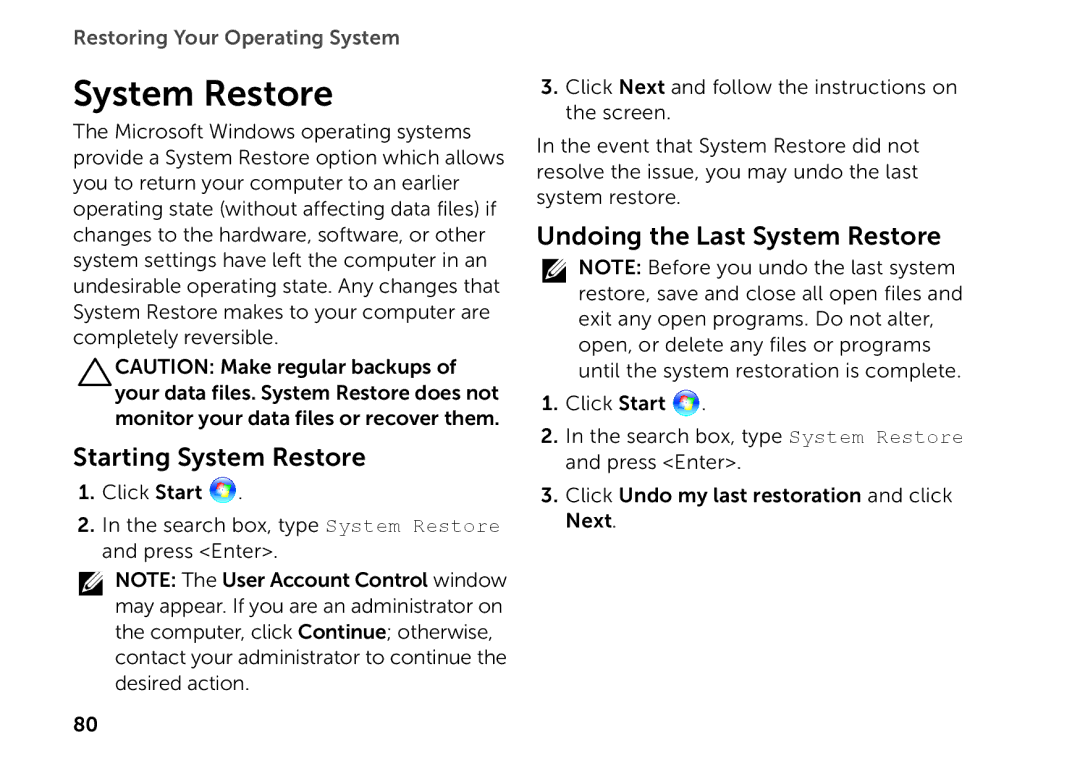 Dell P09E setup guide Starting System Restore, Undoing the Last System Restore 