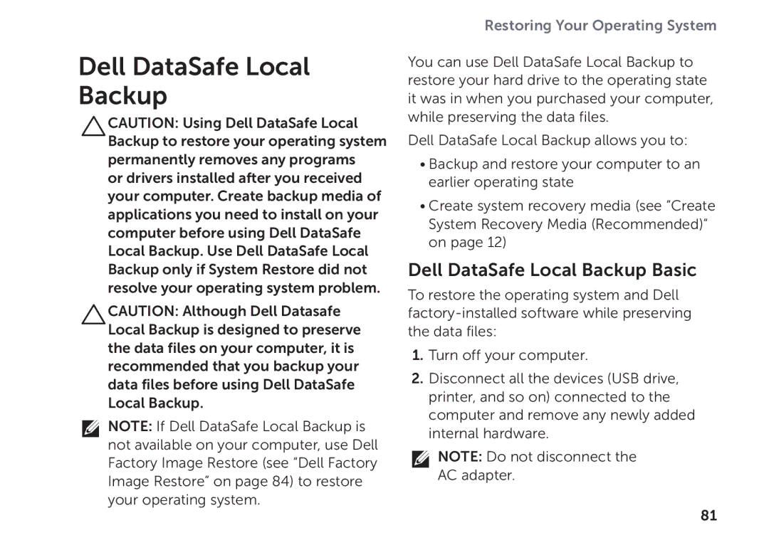 Dell P09E setup guide Dell DataSafe Local Backup Basic 