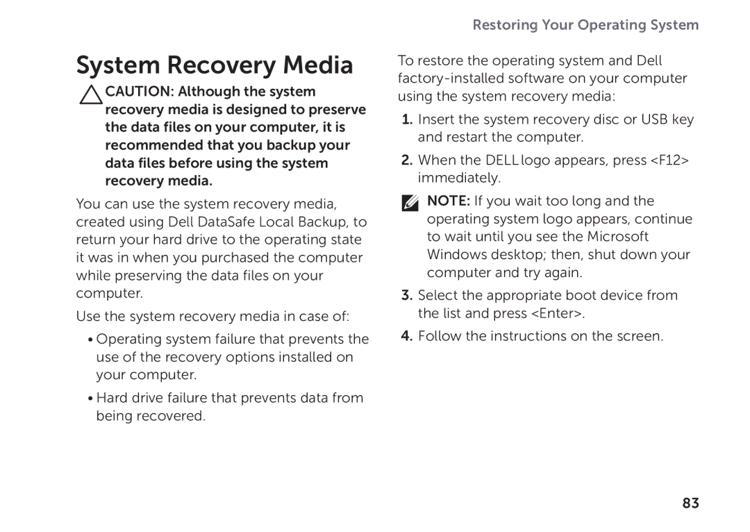 Dell P09E setup guide System Recovery Media 