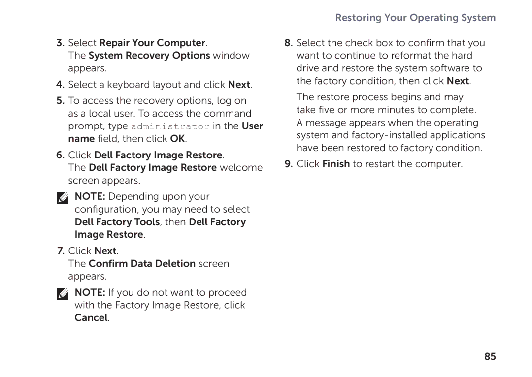 Dell P09E setup guide Restoring Your Operating System 