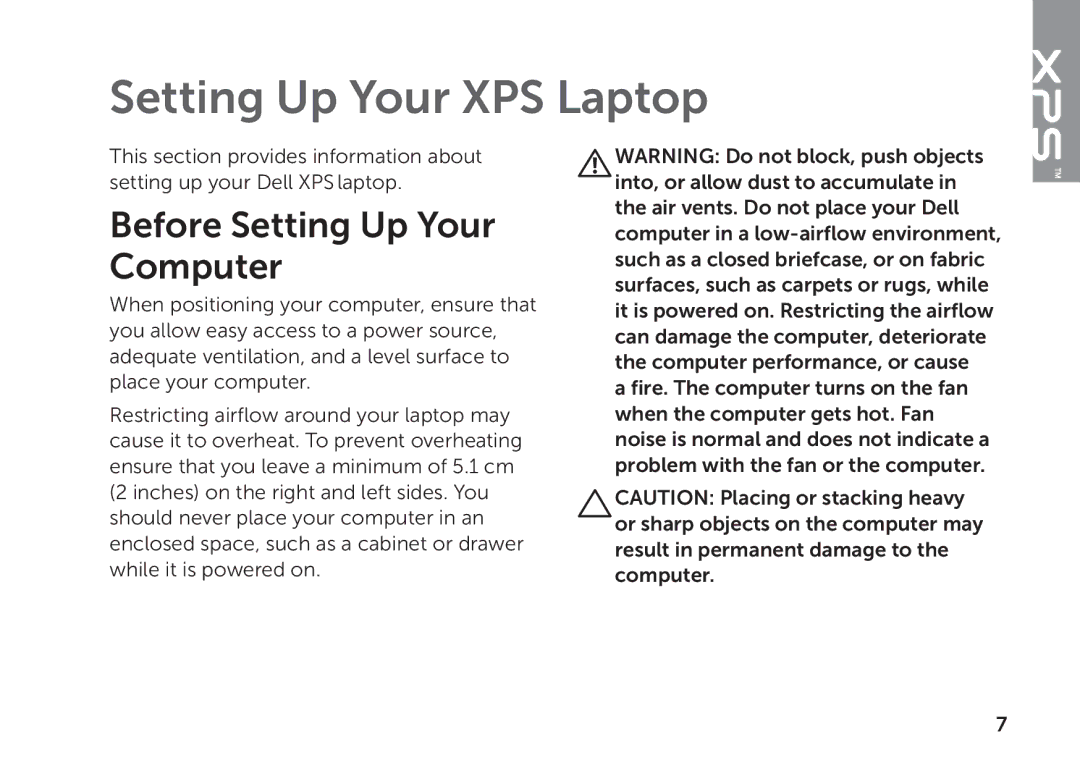 Dell P09E setup guide Setting Up Your XPS Laptop, Before Setting Up Your Computer 