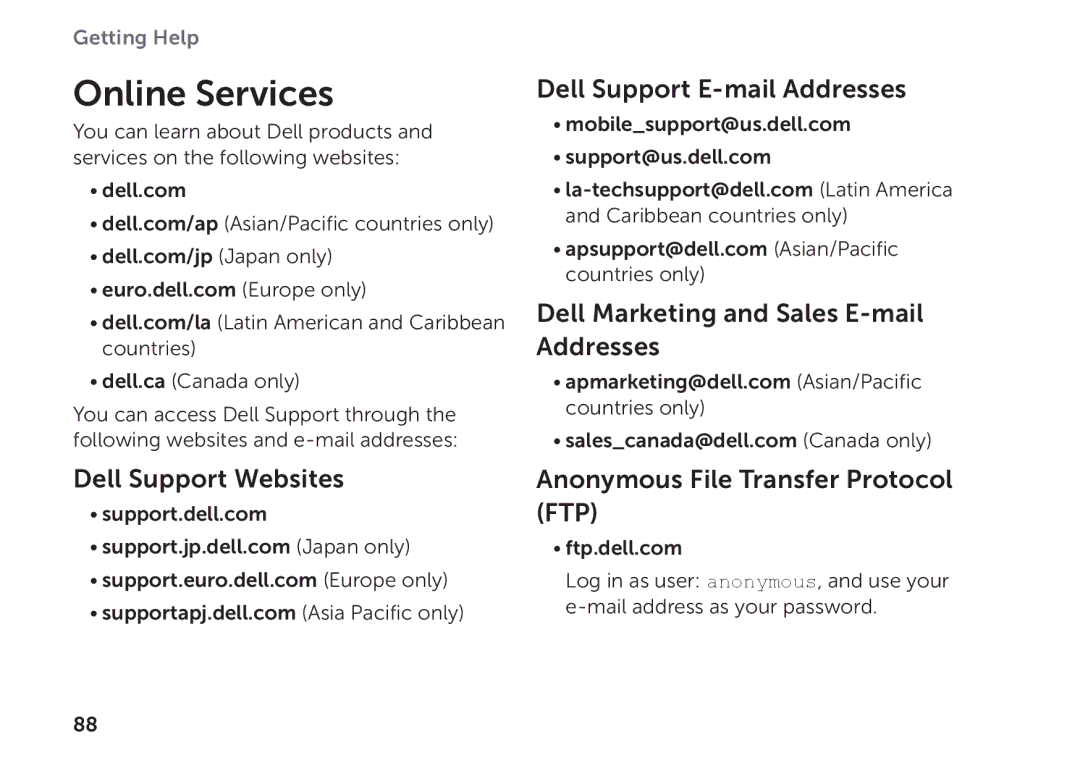 Dell P09E setup guide Online Services, Dell Support Websites, Dell Support E-mail Addresses 