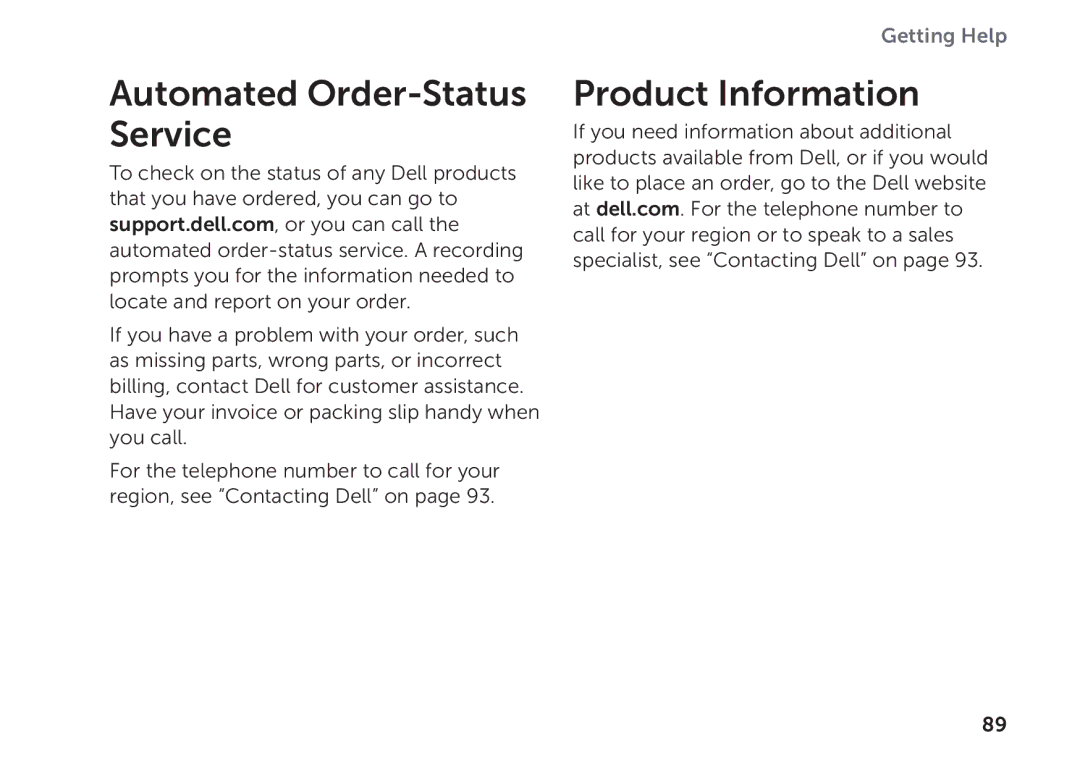 Dell P09E setup guide Automated Order-Status Service, Product Information 