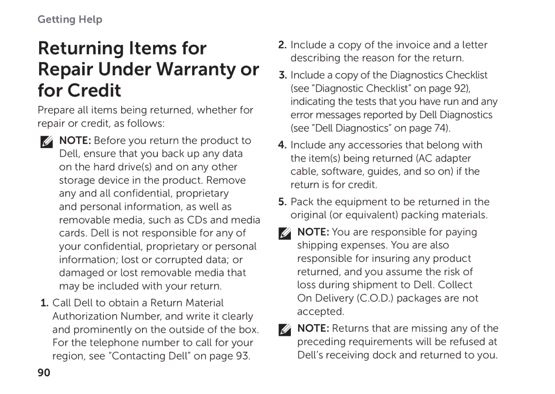 Dell P09E setup guide Returning Items for Repair Under Warranty or for Credit 