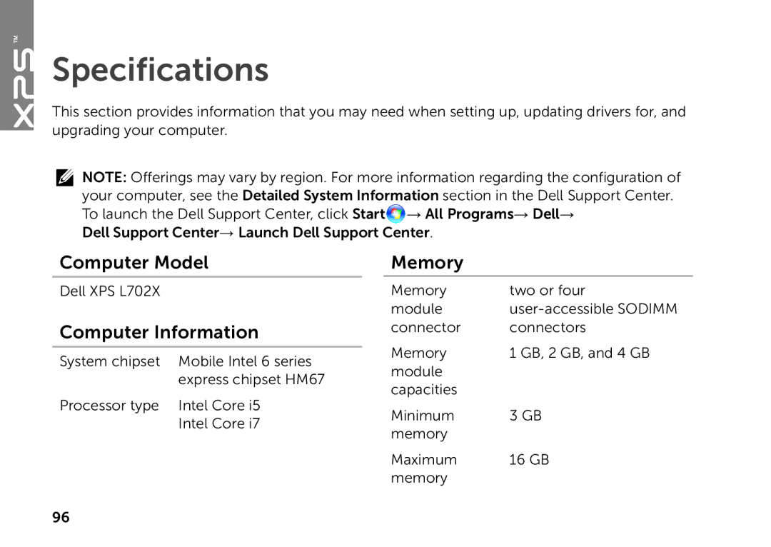 Dell P09E setup guide Specifications, Computer Model, Computer Information, Memory 