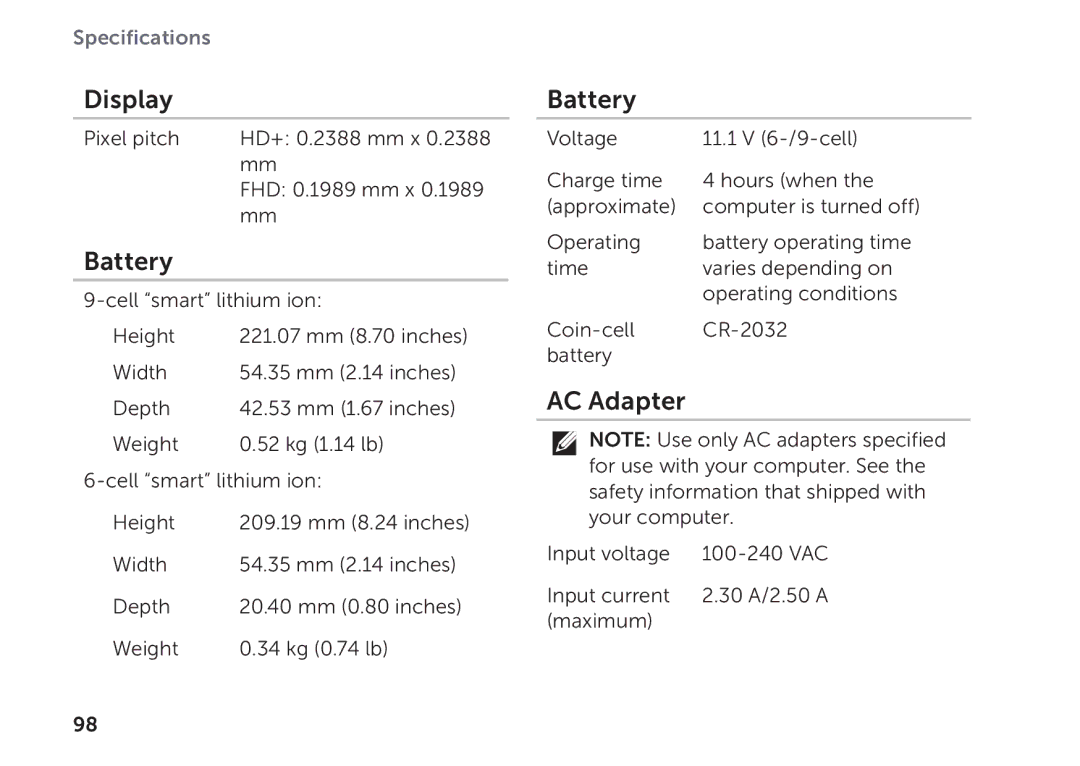 Dell P09E002 setup guide Battery, AC Adapter 