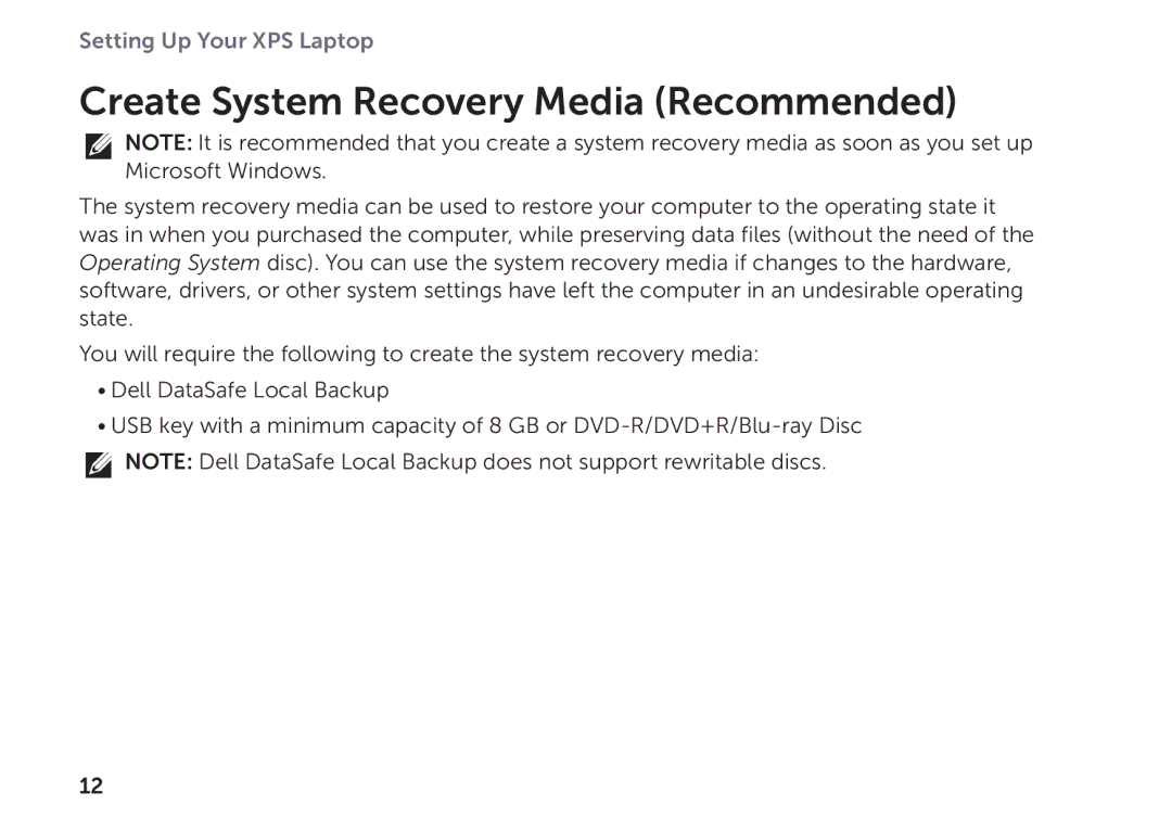 Dell P09E002 setup guide Create System Recovery Media Recommended 