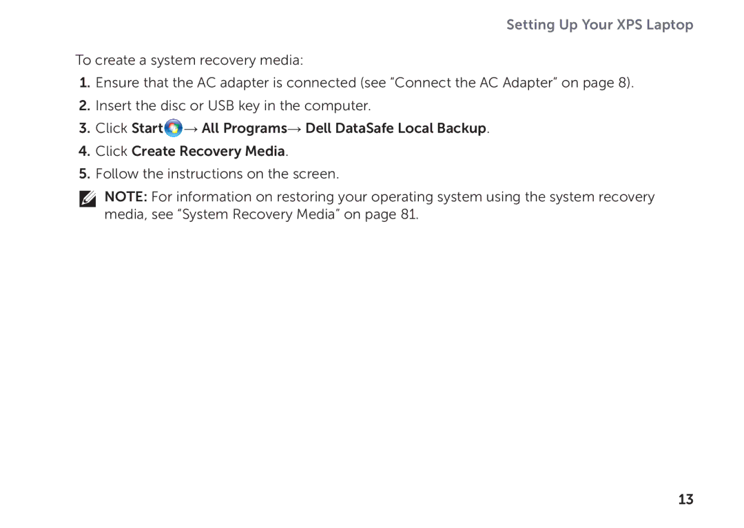 Dell P09E002 setup guide Setting Up Your XPS Laptop 