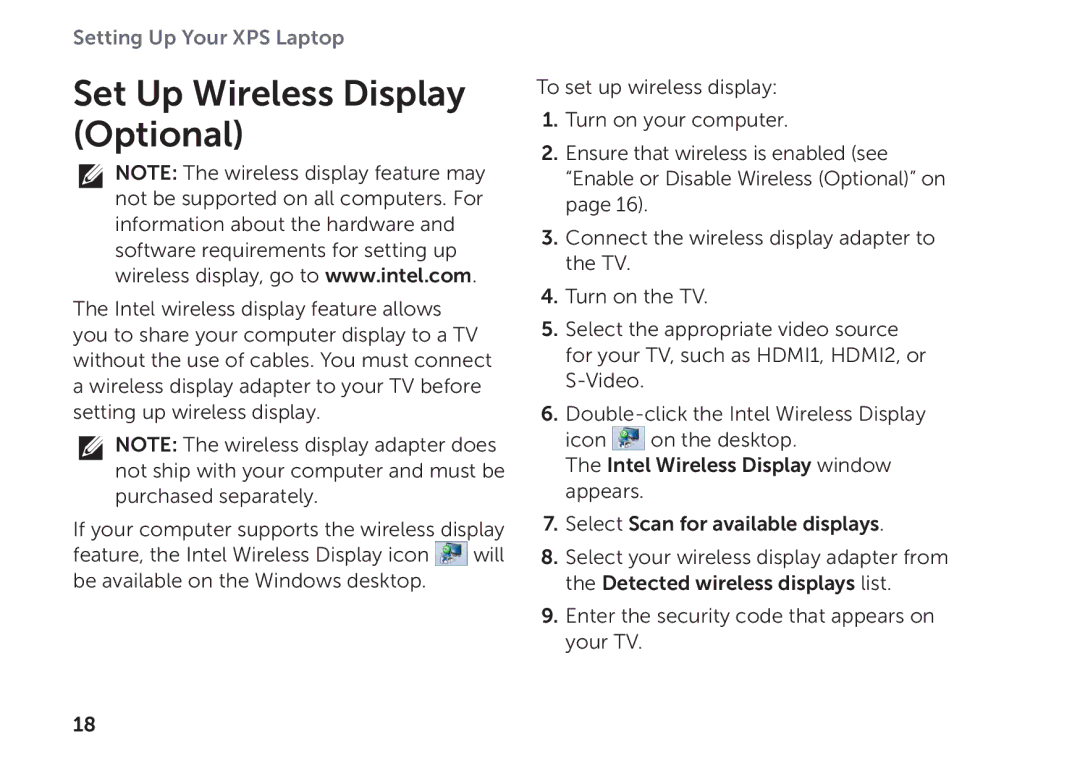 Dell P09E002 setup guide Set Up Wireless Display Optional 