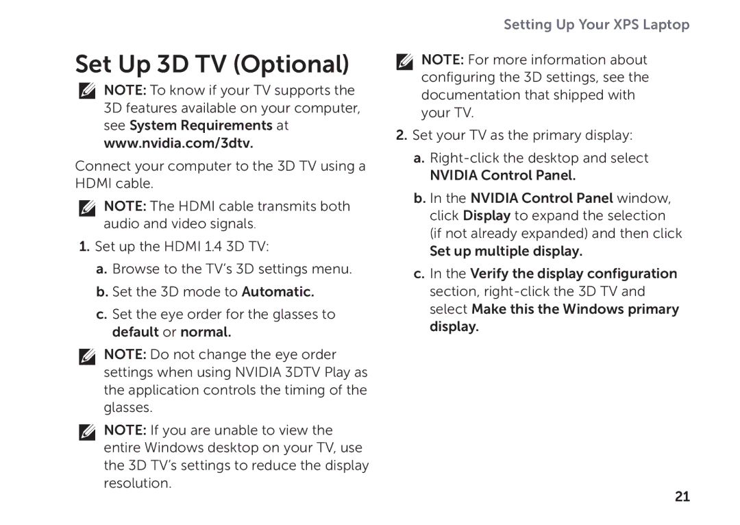 Dell P09E002 setup guide Set Up 3D TV Optional 