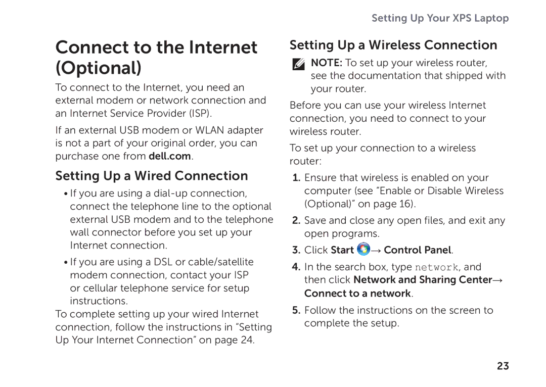 Dell P09E002 setup guide Connect to the Internet Optional, Setting Up a Wired Connection, Setting Up a Wireless Connection 