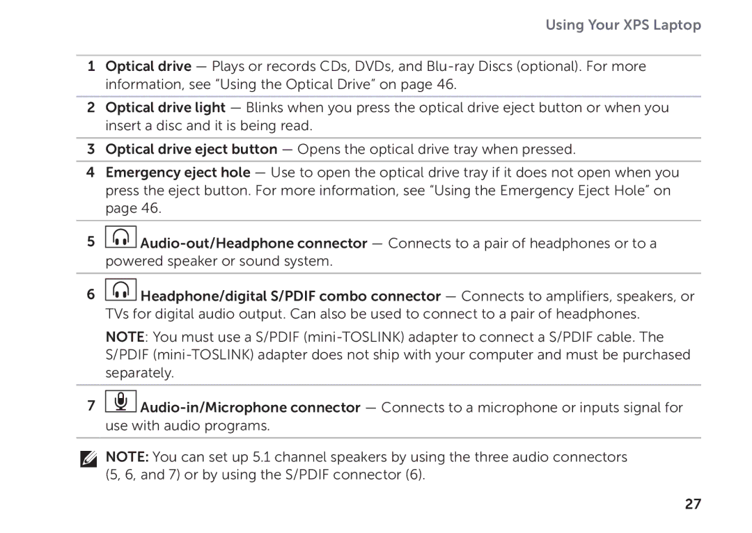 Dell P09E002 setup guide Using Your XPS Laptop 