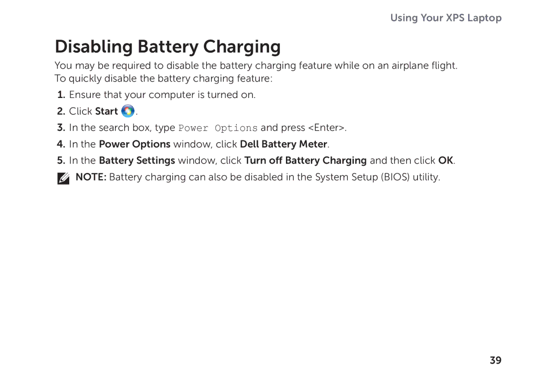 Dell P09E002 setup guide Disabling Battery Charging 