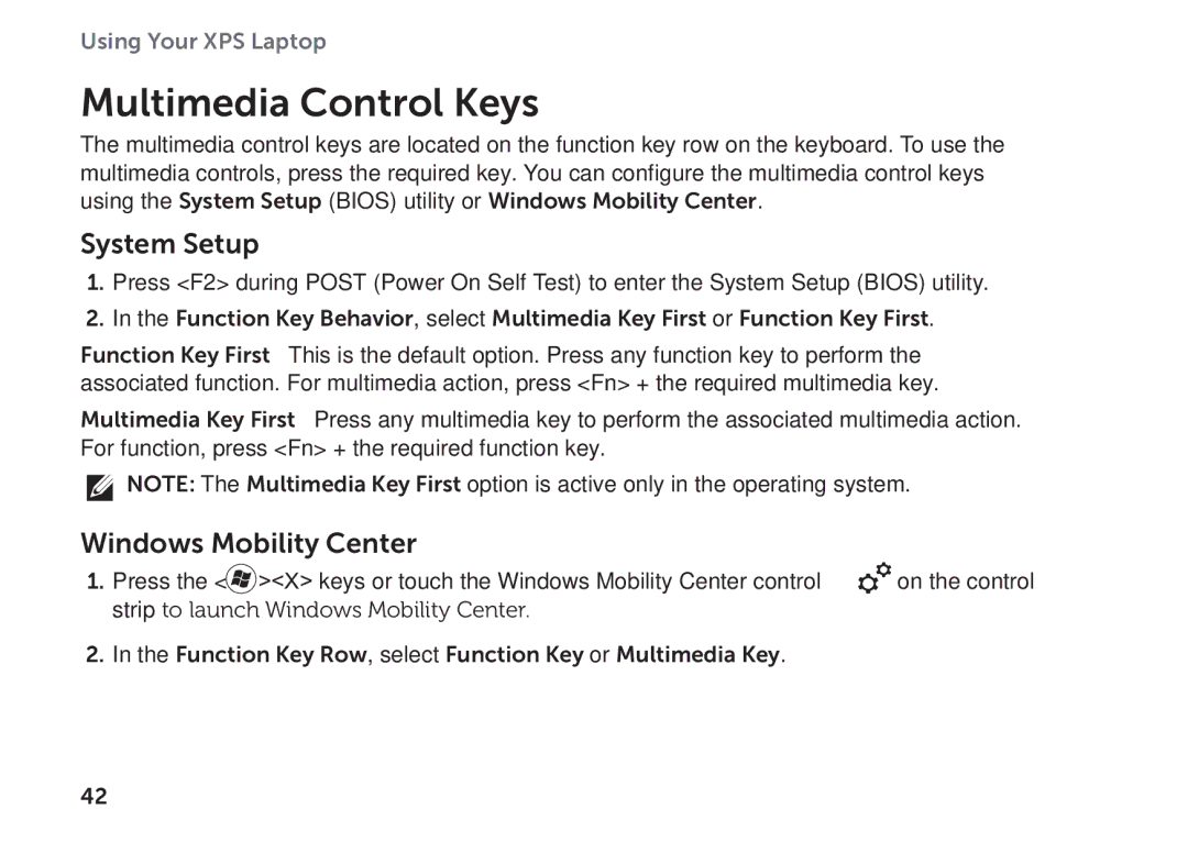 Dell P09E002 setup guide Multimedia Control Keys, System Setup, Windows Mobility Center 