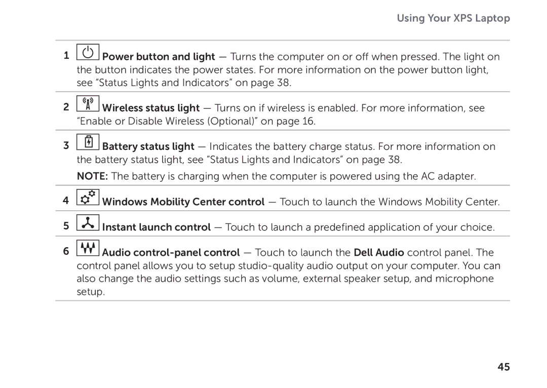 Dell P09E002 setup guide Using Your XPS Laptop 