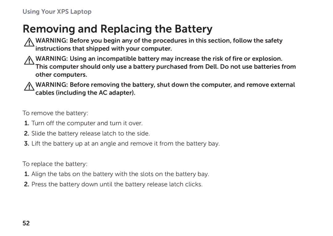 Dell P09E002 setup guide Removing and Replacing the Battery 