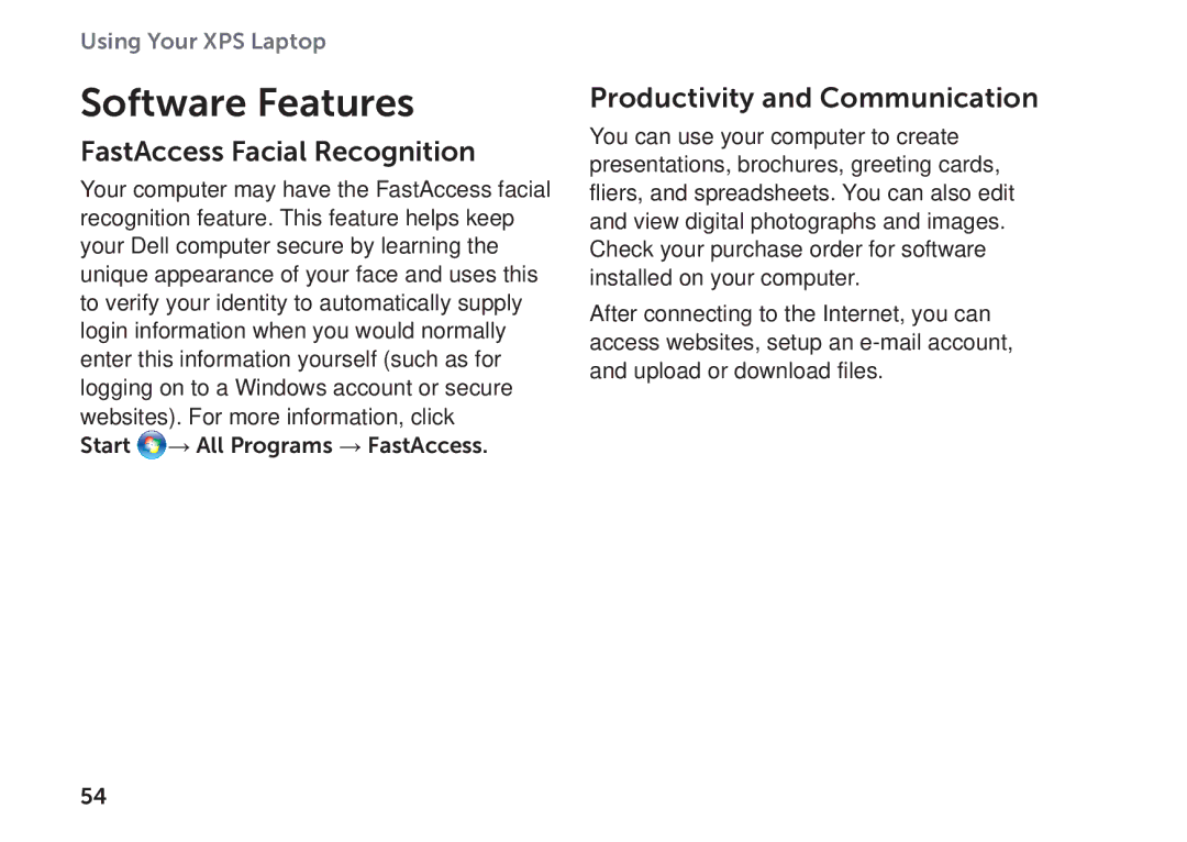 Dell P09E002 setup guide Software Features, FastAccess Facial Recognition, Productivity and Communication 