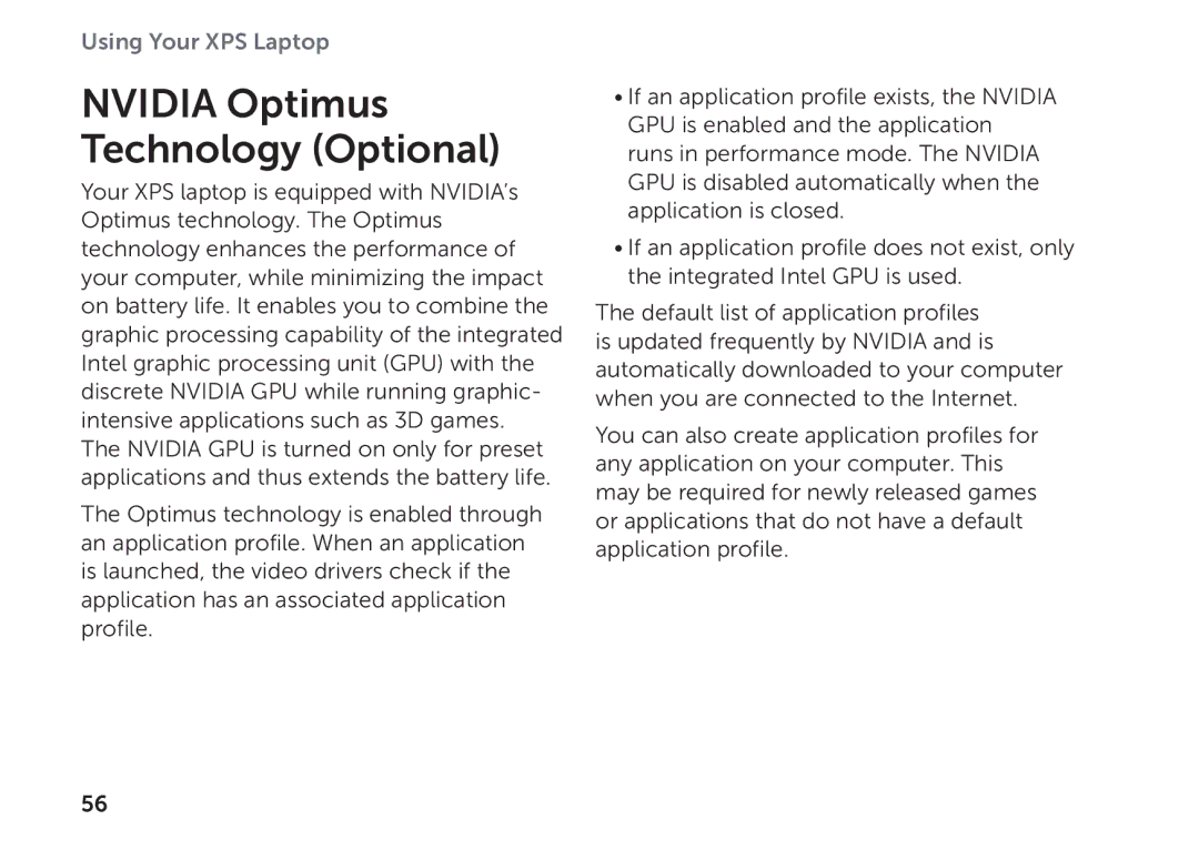 Dell P09E002 setup guide Nvidia Optimus Technology Optional 