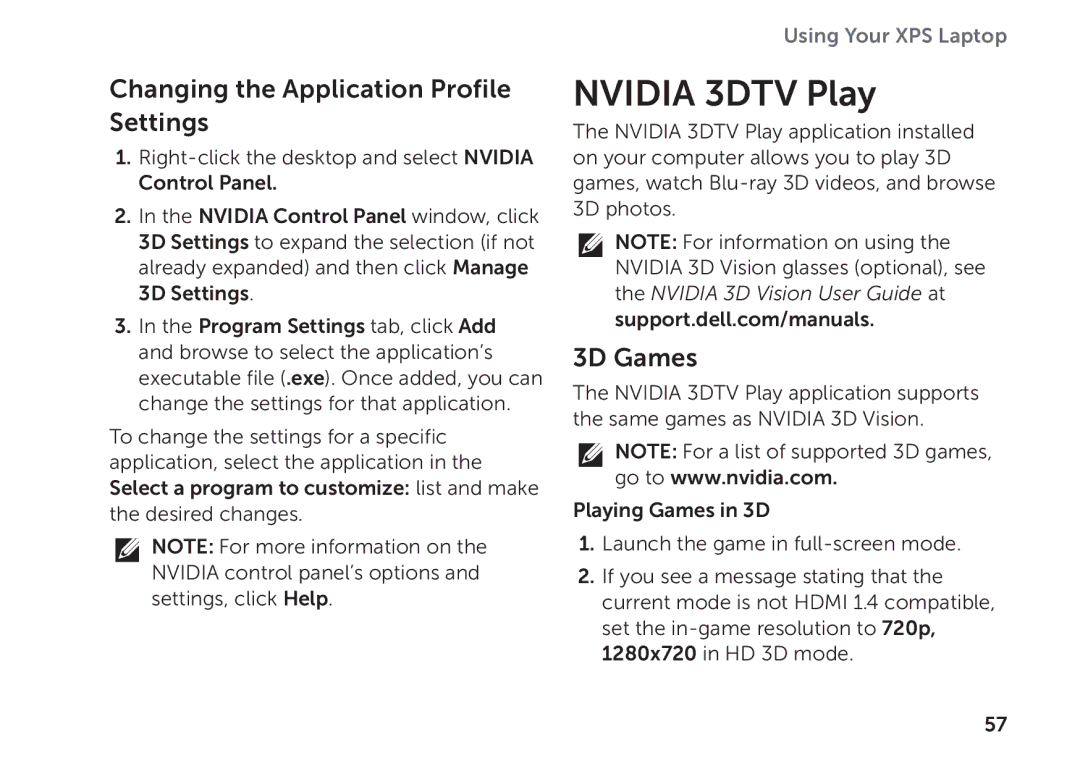 Dell P09E002 setup guide Nvidia 3DTV Play, Changing the Application Profile Settings, 3D Games 