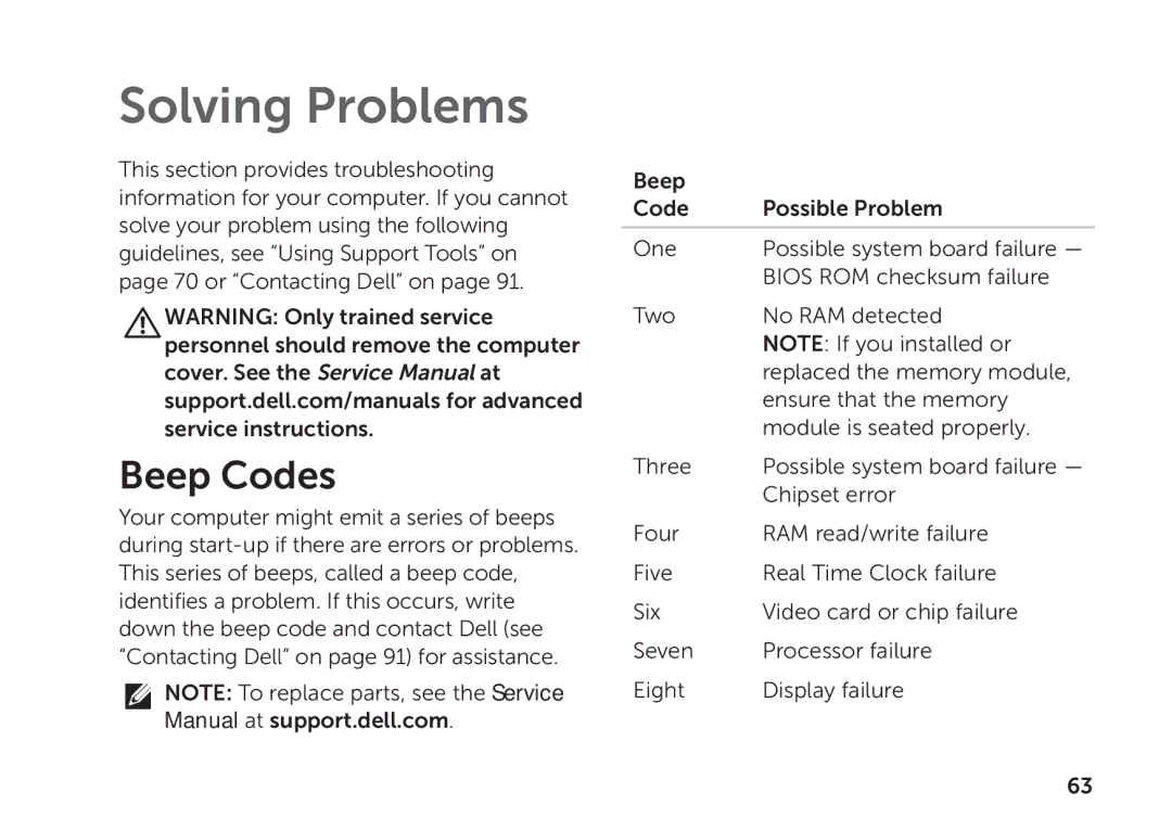 Dell P09E002 setup guide Solving Problems, Beep Codes 