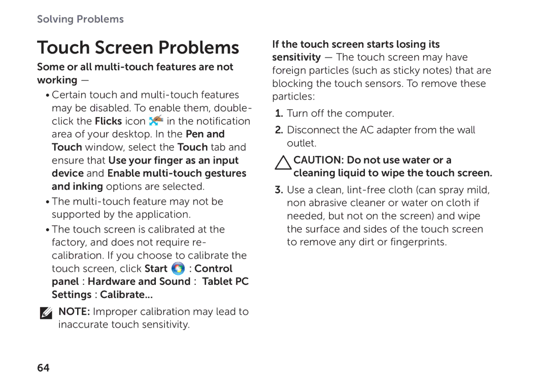 Dell P09E002 setup guide Touch Screen Problems 