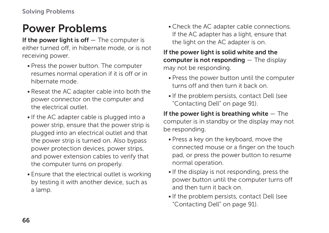 Dell P09E002 setup guide Power Problems 