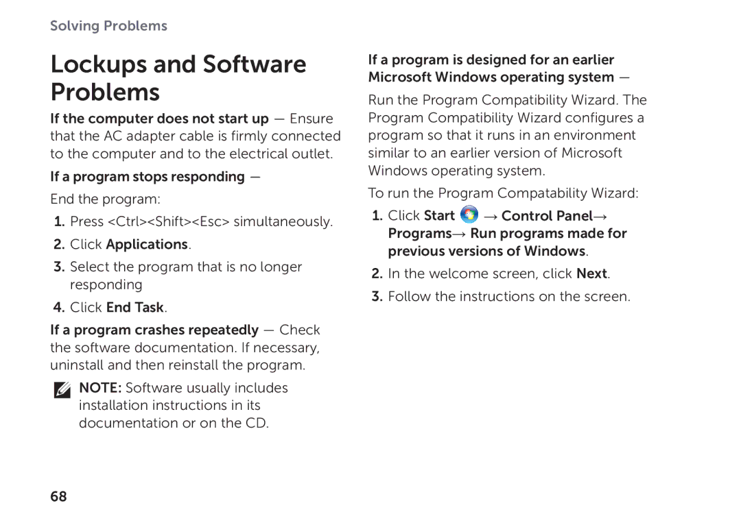 Dell P09E002 setup guide Lockups and Software Problems 