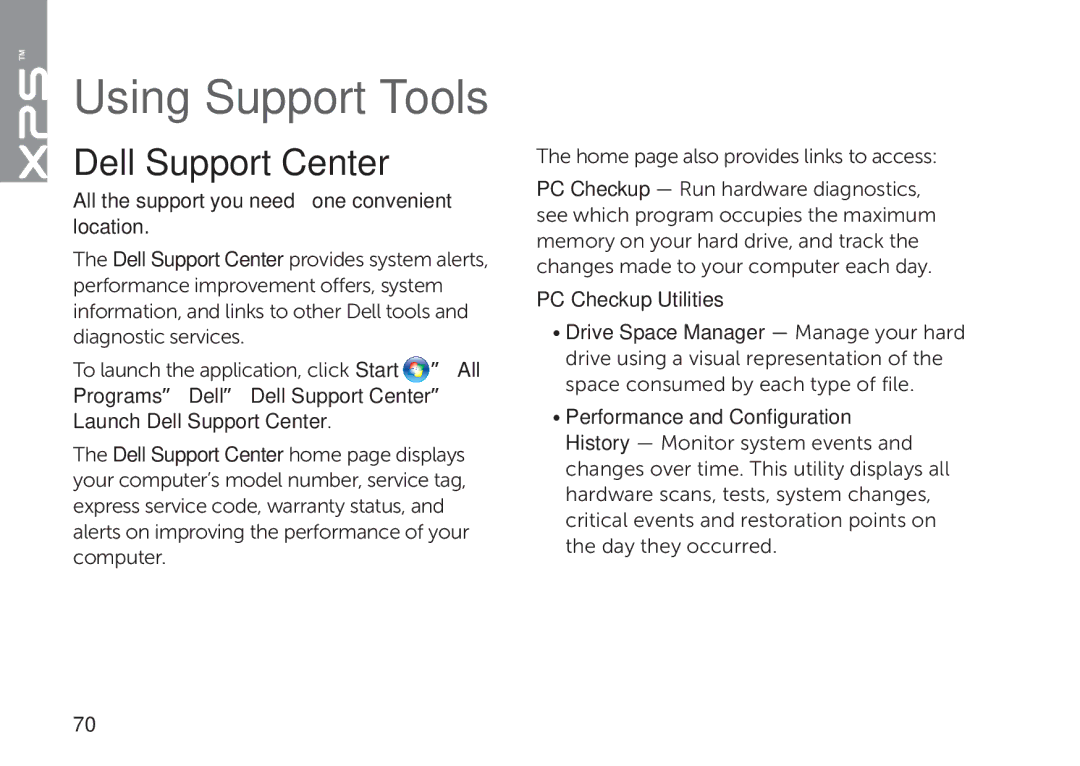 Dell P09E002 setup guide Using Support Tools, Dell Support Center 