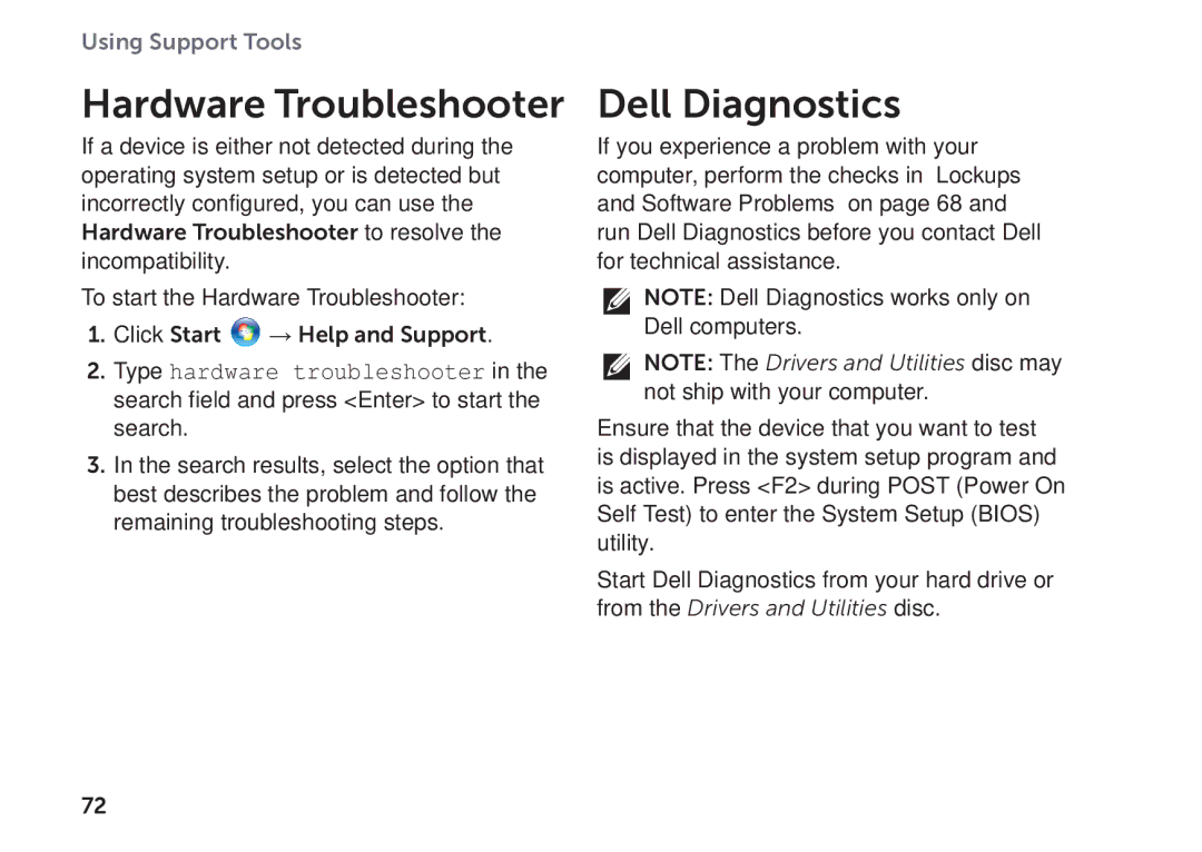 Dell P09E002 setup guide Hardware Troubleshooter, Dell Diagnostics 