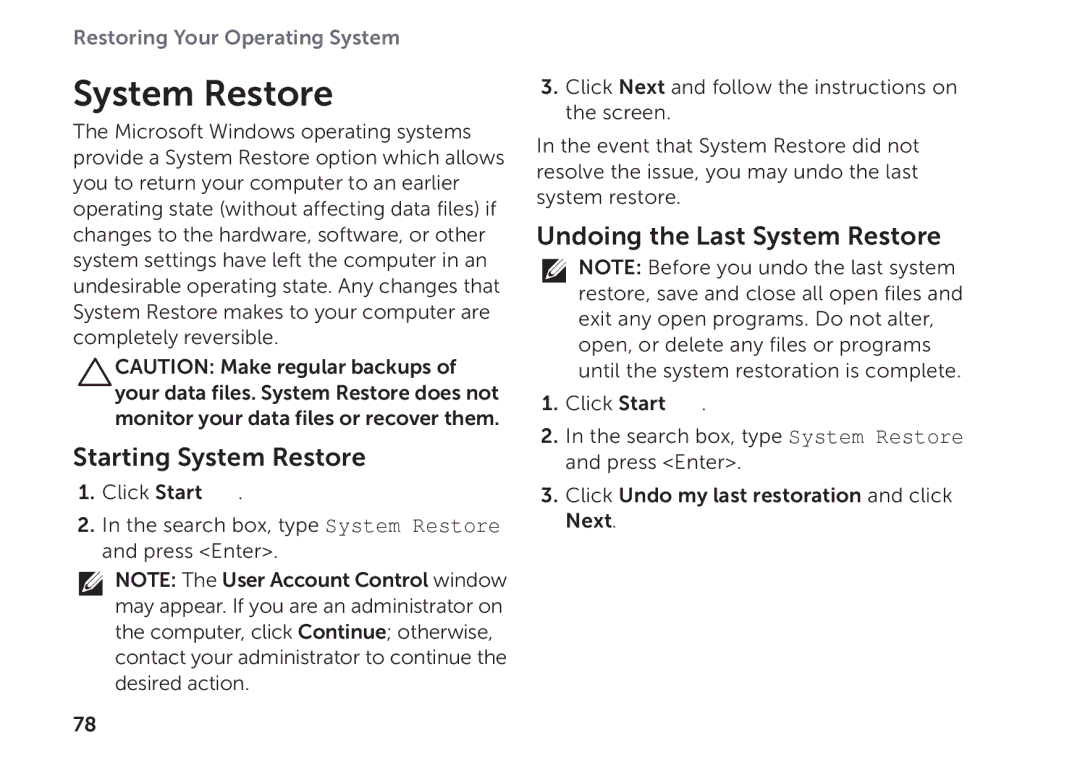 Dell P09E002 setup guide Starting System Restore, Undoing the Last System Restore 