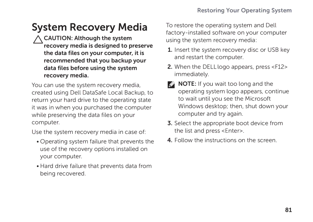 Dell P09E002 setup guide System Recovery Media 