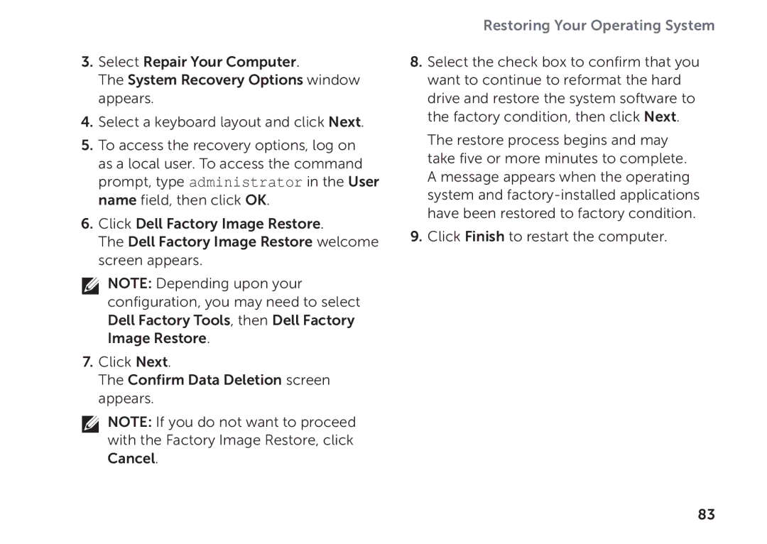 Dell P09E002 setup guide Restoring Your Operating System 