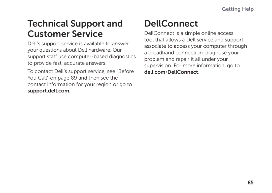 Dell P09E002 setup guide Technical Support and Customer Service, DellConnect 